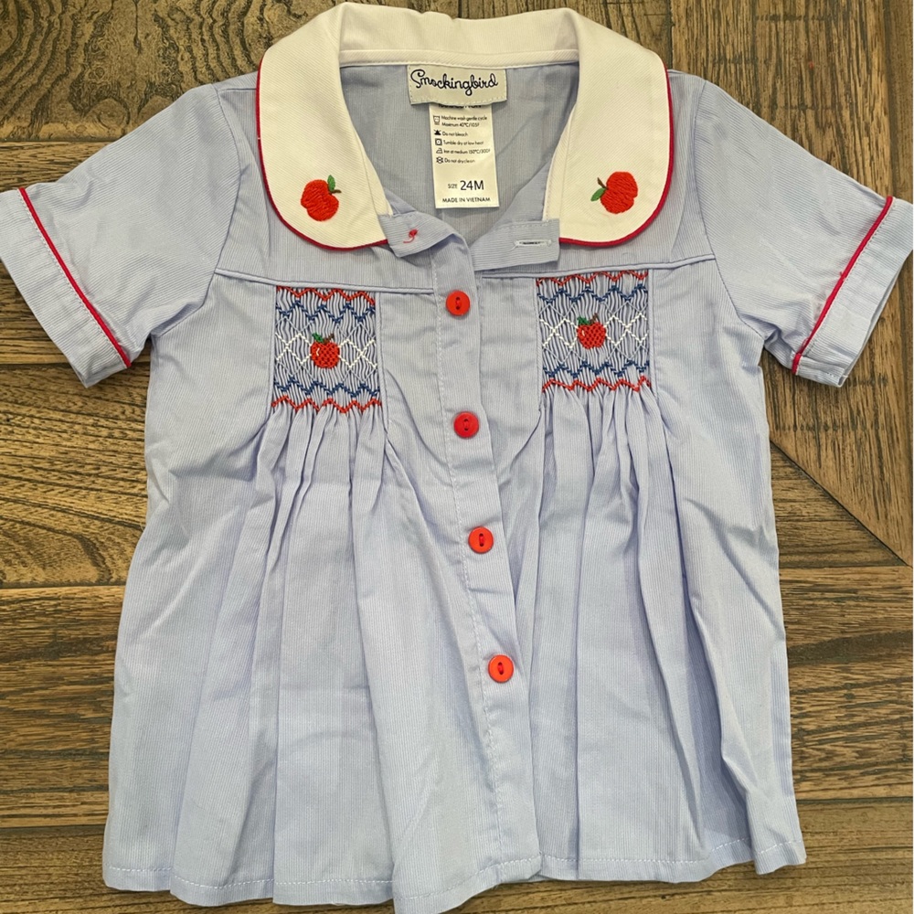 Embroidered and Smocked Apple Smockingbird Top 24m
